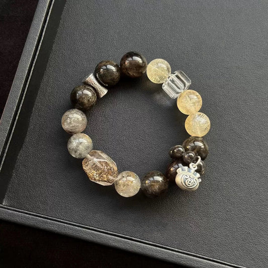 Healing crystal bracelet featuring Dendritic Quartz, Herkimer Diamond, and Black Feather Labradorite – supports intuition, clarity, and grounding.