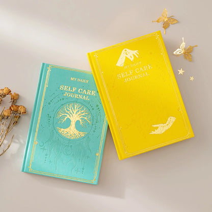 Side view detail of the premium raised-band spine and gold foil stamping on a vintage healing crystal journal collection.