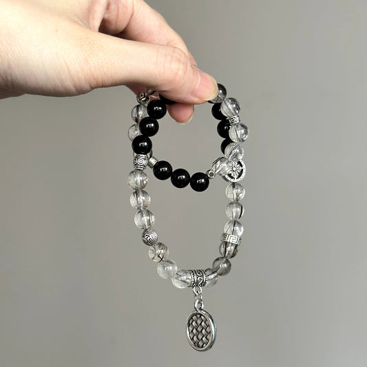 Crystal healing bracelet with Black Agate and Frost Rutilated Quartz – promotes stability, mental clarity, and energetic shielding.