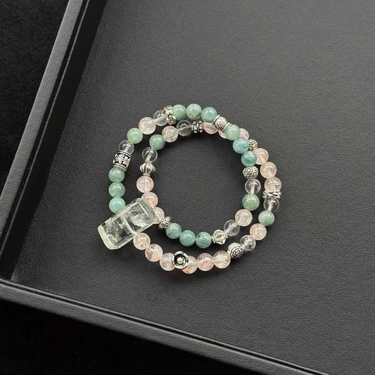 Healing crystal bracelet featuring Green Azeztulite, Rose Hematoid Quartz, and Blue-Green Quartz – supports spiritual awakening, love, and clarity.