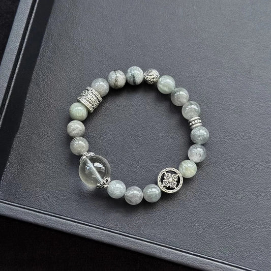 Healing crystal bracelet featuring Green and Blue-Grey Rabbit Hair Phantom Quartz – supports emotional healing, clarity, and spiritual growth.