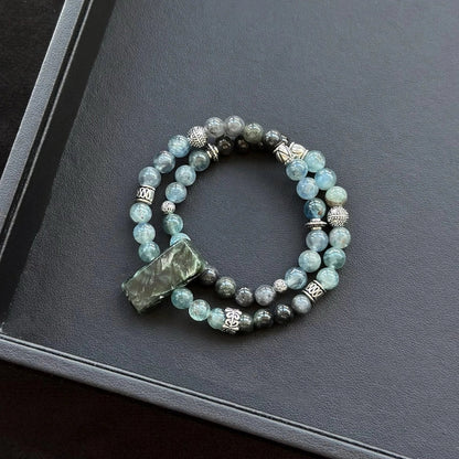 Healing crystal bracelet featuring Green Dragon Quartz, Kyanite, and Jade – supports intuition, emotional balance, and heart chakra energy.