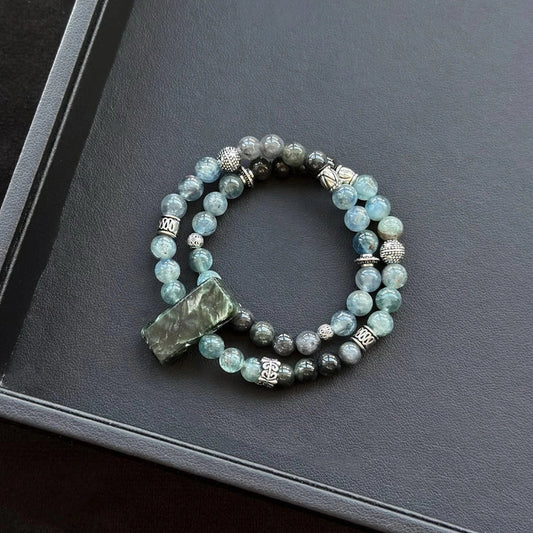 Healing crystal bracelet featuring Green Dragon Quartz, Kyanite, and Jade – supports intuition, emotional balance, and heart chakra energy.