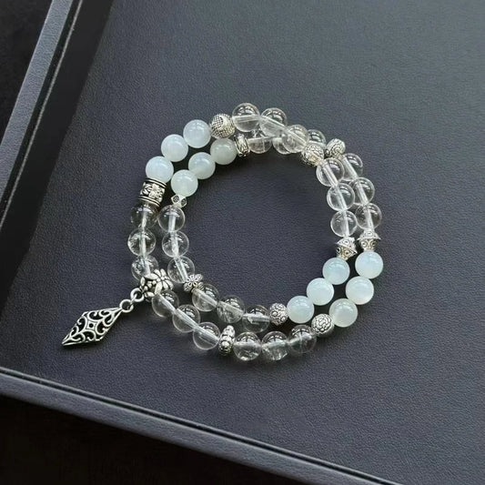 Healing crystal bracelet featuring Green Moonstone, Azeztulite, and Clear Quartz – supports intuition, clarity, and spiritual awakening.