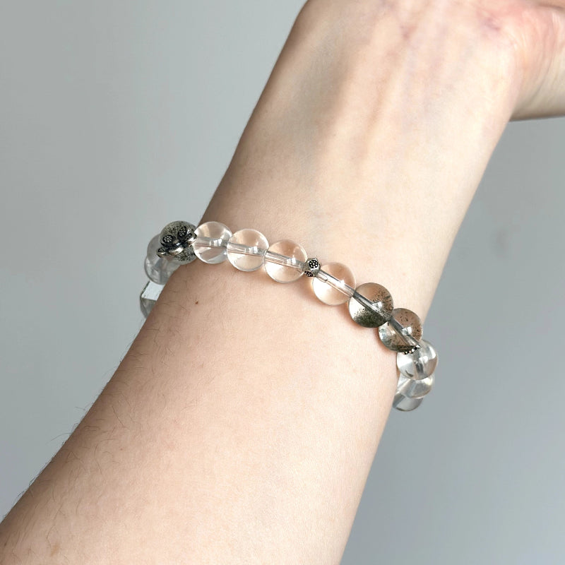 Sterling silver beaded bracelet with Green Phantom and Clear Quartz – handmade healing jewelry for grounding and energy purification.