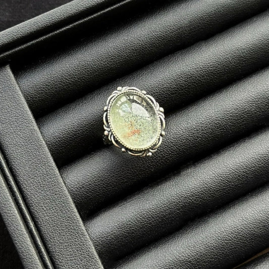 Green Phantom Quartz Ring with sterling silver, crystal for personal growth and grounding energy