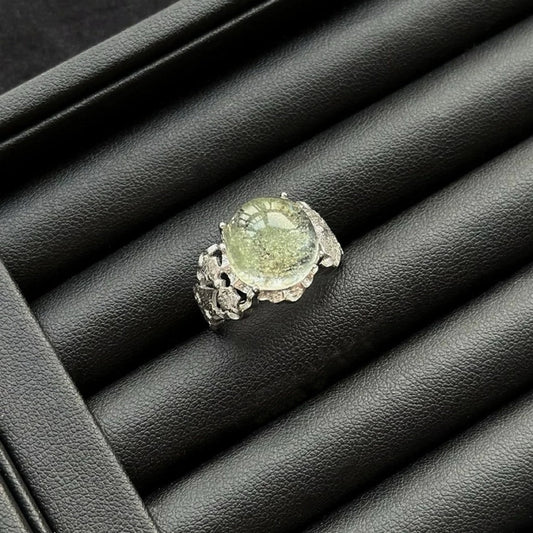 Green Phantom Quartz Ring with sterling silver, crystal for inner growth and grounding stability