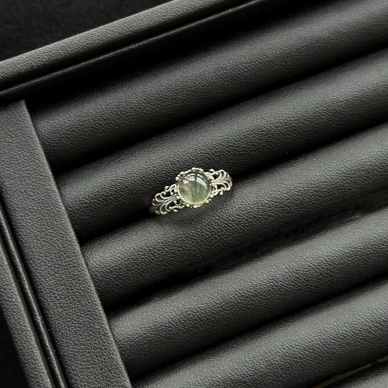 Green Rutilated Rabbit Hair Ring with sterling silver, crystal ring for clear focus and energetic alignment