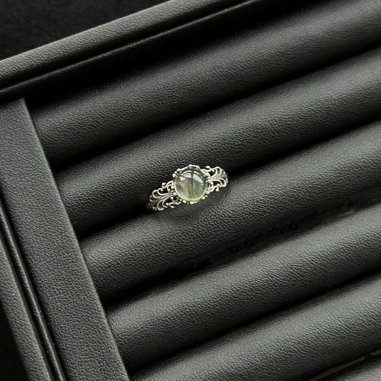 Green Rutilated Rabbit Hair Ring with sterling silver, crystal ring for clear focus and energetic alignment