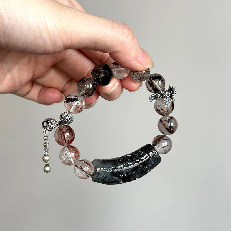 Beaded bracelet made with Jade, Herkimer Diamond, and Rutilated Quartz – ideal for intention setting and emotional clarity.