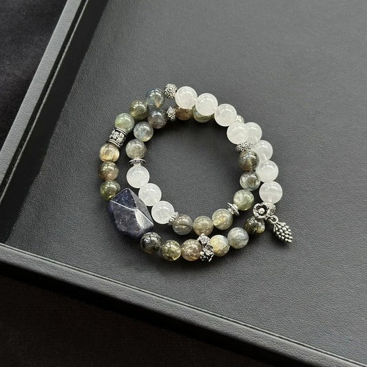 Healing crystal bracelet featuring Iolite, Kyanite, and White Rabbit Hair Phantom Quartz – supports intuition, clarity, and inner vision.