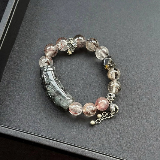 Healing crystal bracelet featuring Jade, Color Rutilated Quartz, and Herkimer Diamond – supports clarity, focus, and manifestation energy.