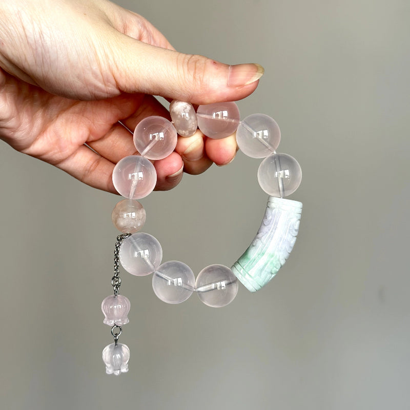 Beaded crystal bracelet made with Jade, Rose Quartz, and Sakura Agate – handmade healing jewelry for women.