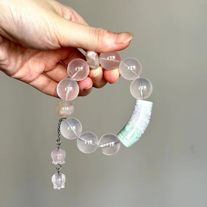 Beaded crystal bracelet made with Jade, Rose Quartz, and Sakura Agate – handmade healing jewelry for women.