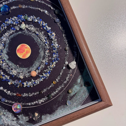 Detailed view of the central sun and Lapis Lazuli gemstone orbits in the healing crystal art.