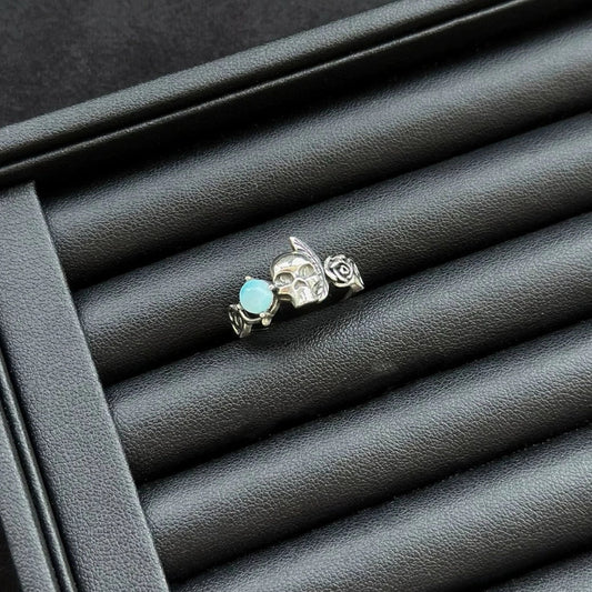 Larimar Skull & Rose Ring with sterling silver, crystal ring for peace, calm and emotional expression