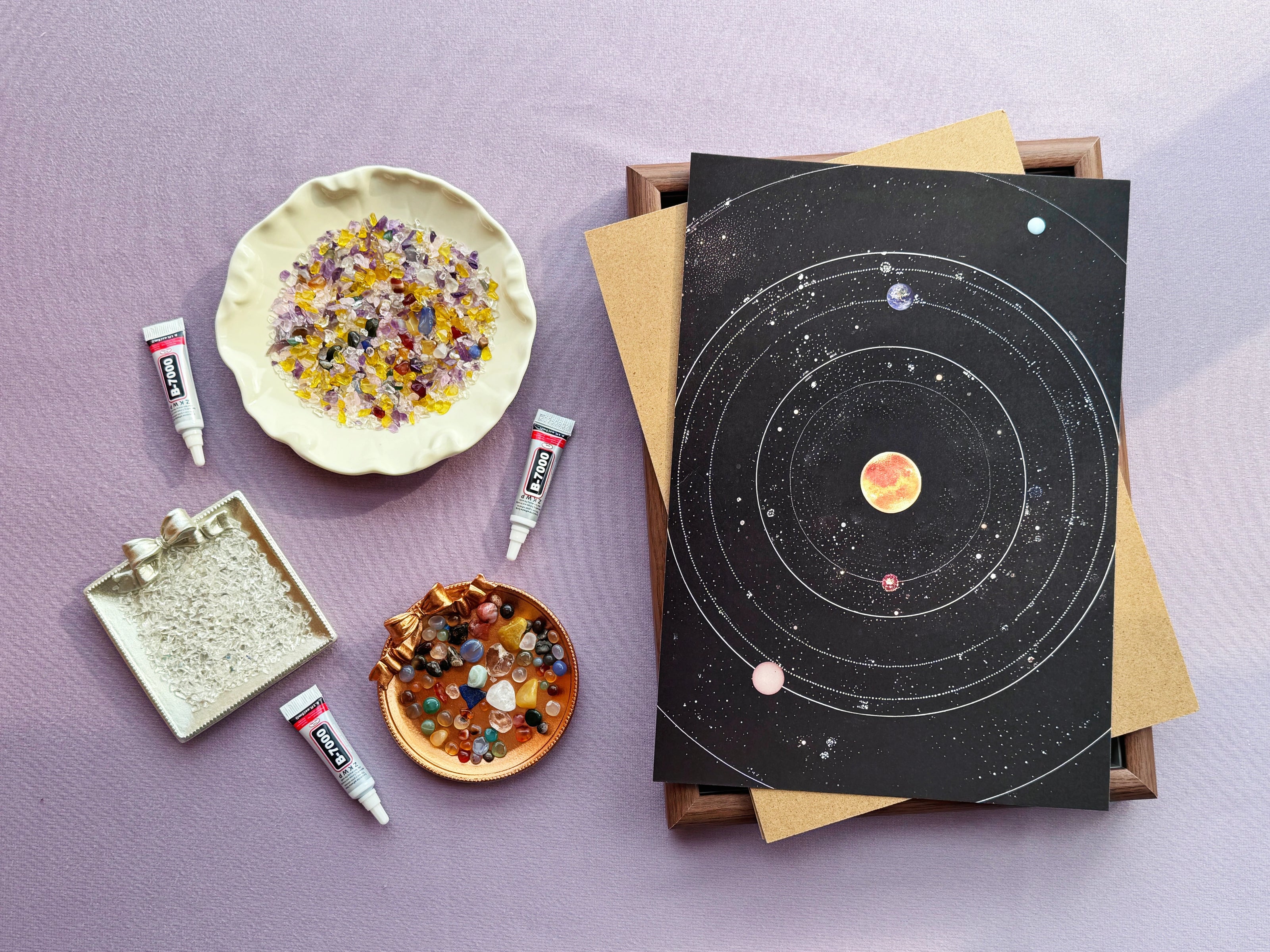 Mindful crafting kits showing DIY crystal art sets with natural healing stones, premium canvases, and tools for stress relief.