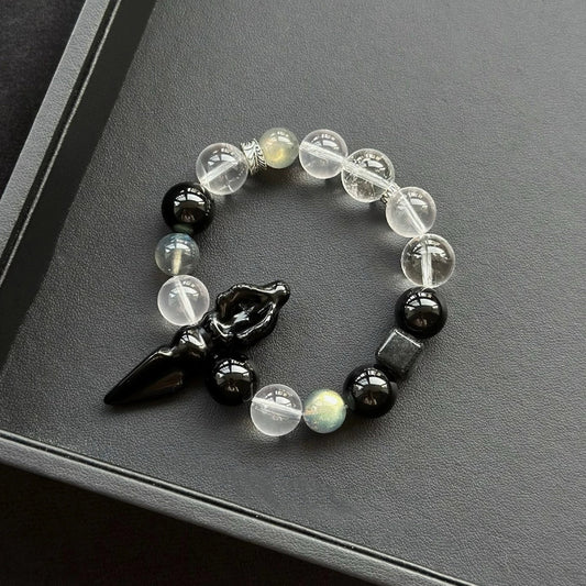 Healing crystal bracelet featuring Obsidian Vajra, Grey Moonstone, and Clear Quartz – ideal for protection, balance, and energy clarity.