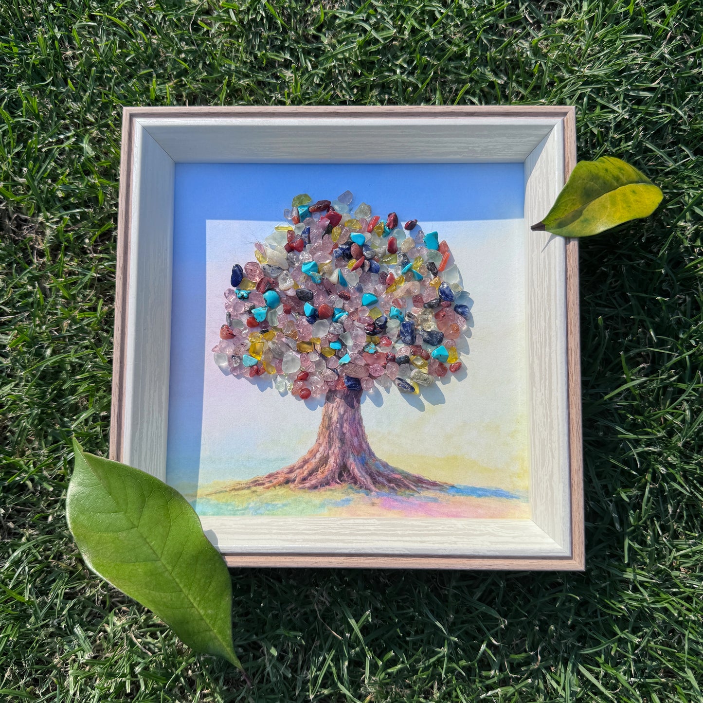 Tree of Life crystal art in a 6-inch square frame for positive energy decor.