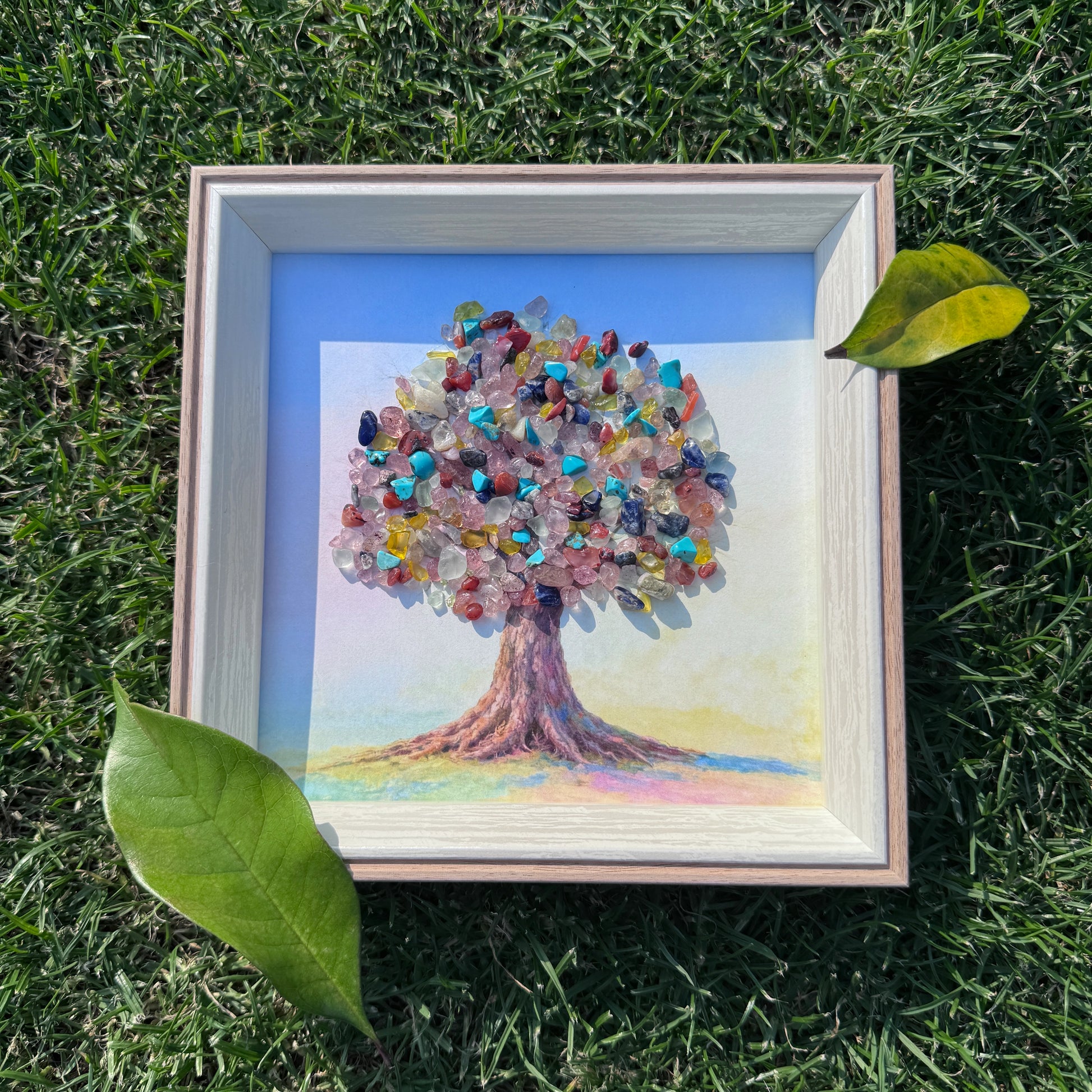 Tree of Life crystal art in a 6-inch square frame for positive energy decor.