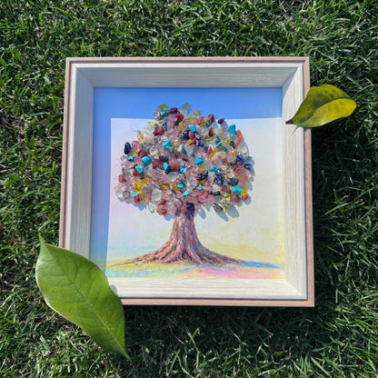 Tree of Life crystal art in a 6-inch square frame for positive energy decor.