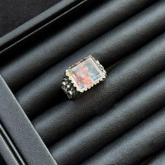 Fire hematoid quartz ring with rectangular cut and sterling silver, crystal for grounding and mental focus