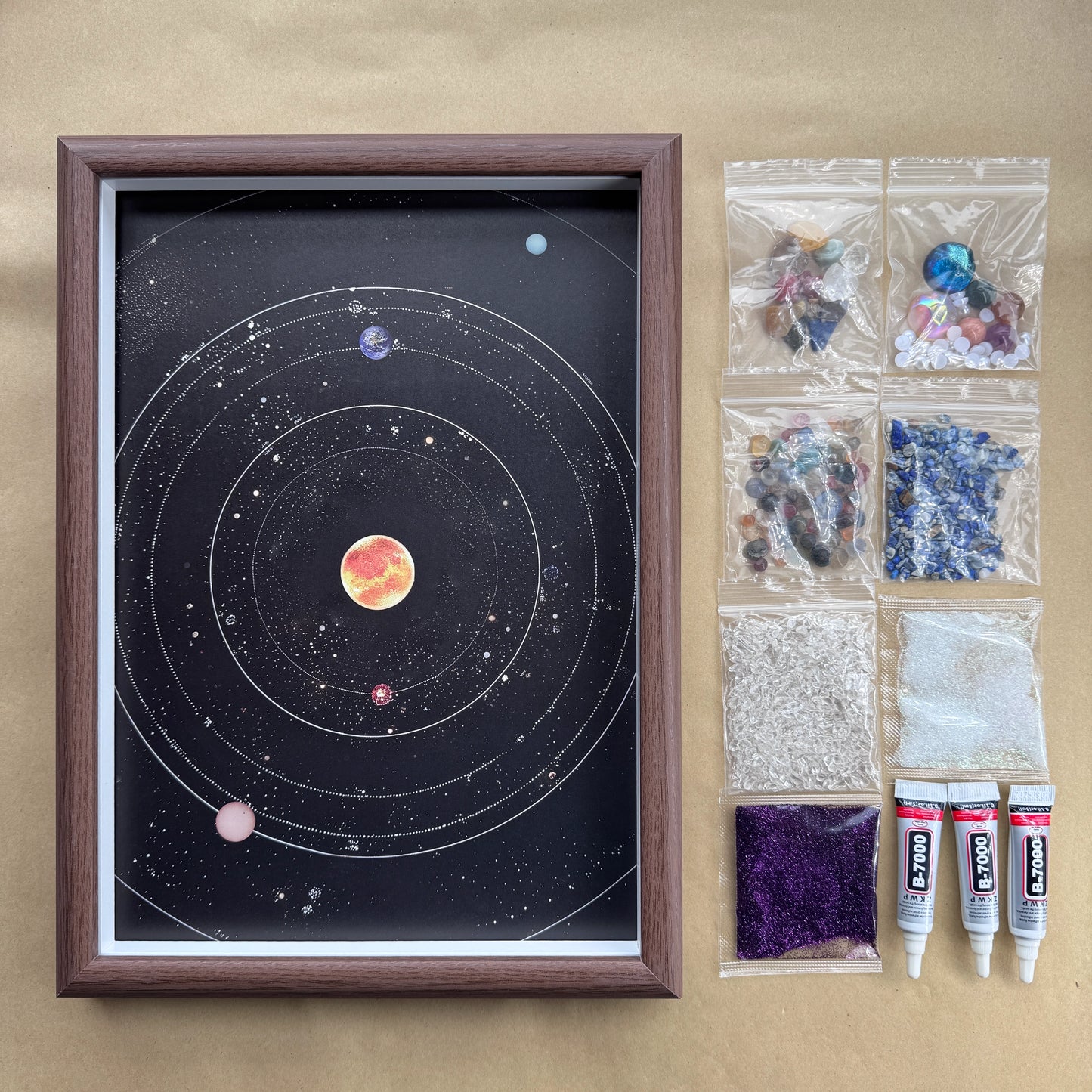 Complete Rectangular Galaxy Crystal Wall Art Kit including frame, canvas, and natural gemstones.