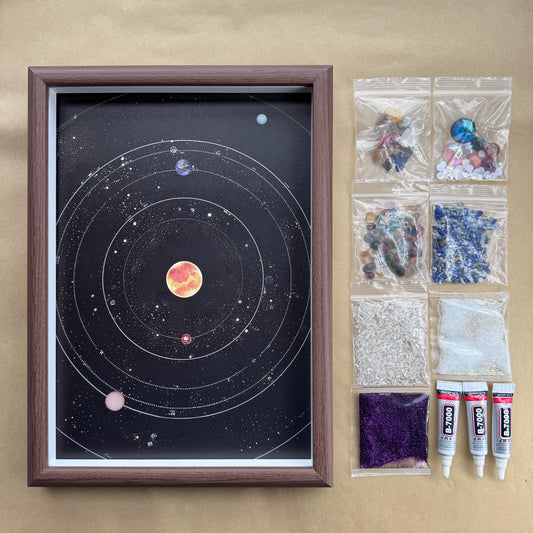 Complete Rectangular Galaxy Crystal Wall Art Kit including frame, canvas, and natural gemstones.