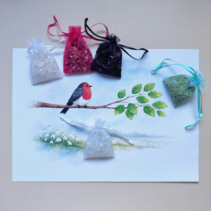 Unframed Robin and Snowdrop art canvas paired with colorful raw gemstone chips ready for natural crystal diamond painting alternative crafting.