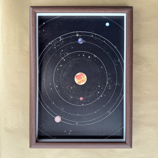 Close-up of the rectangular solar system canvas inside a wood-grain frame for DIY crystal art.