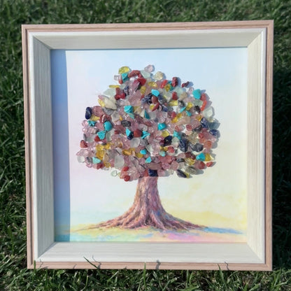 6-inch square Tree of Life desk healing crystals in a light-colored frame.