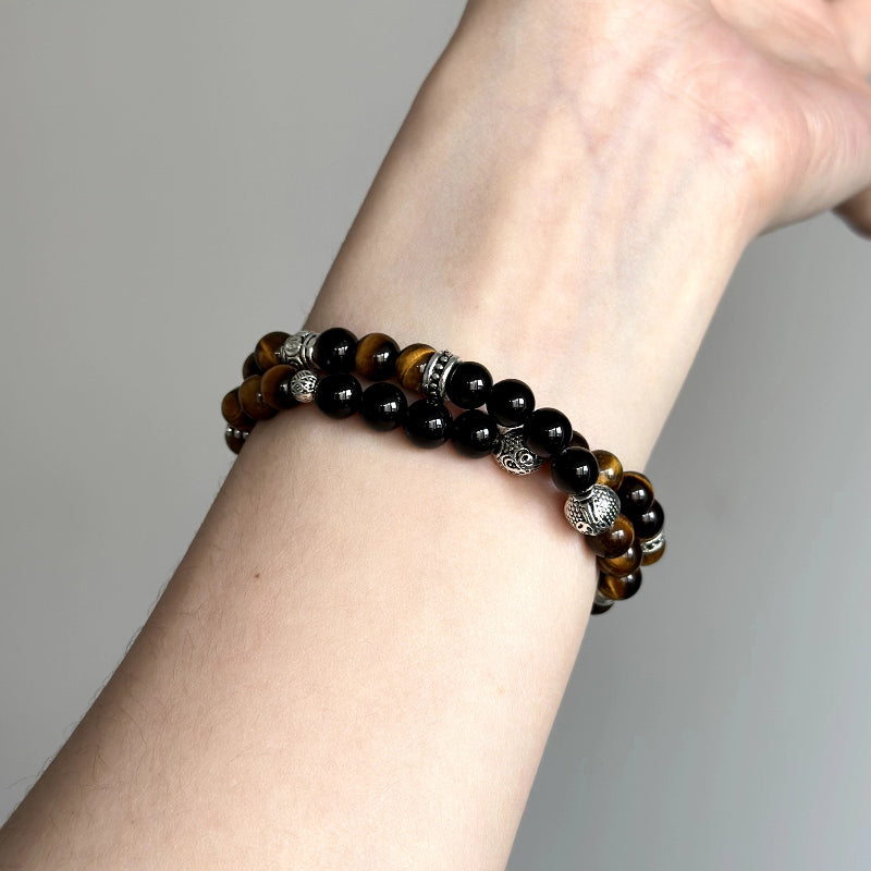 Bold beaded bracelet featuring Tiger’s Eye and Black Agate – healing crystal jewelry for protection and masculine energy balance.