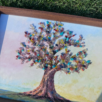 Close-up of the 3D texture of colorful crystal gemstones on the Tree of Life.