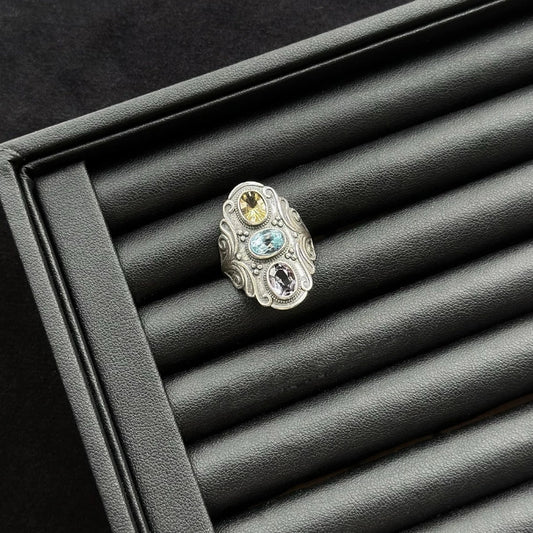 Trinity Light Ring with citrine, blue topaz, and amethyst in sterling silver, crystal ring for joy and confidence
