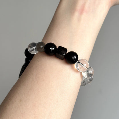 Unique beaded healing bracelet with Obsidian Vajra, Grey Moonstone, and Clear Quartz – designed for focus, energy balance, and masculine grounding.