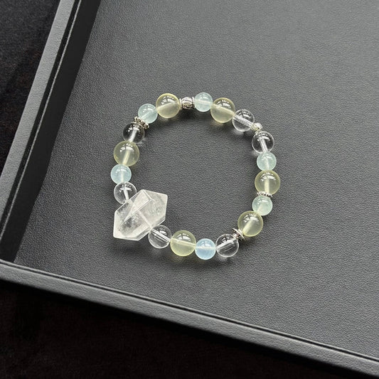 Healing crystal bracelet featuring White Azeztulite, Green Aquamarine, and Lemon Quartz – supports clarity, joy, and spiritual elevation.