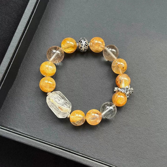 Healing crystal bracelet featuring White Phantom and Yellow Hematite Quartz, with Color Rabbit Hair crystals for focus and inner peace.